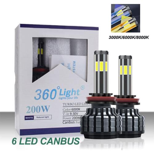 2PCS 200W 26000LM Car Light 6 Side H8 H3 H7 H9 9006/HB4 9005/HB3 H4 H11 H1 H13 Led Headlight Bulb Super Bright Car Light 12V