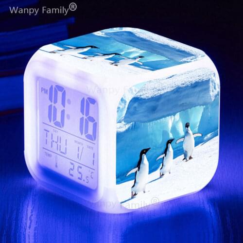 Penguins LED Alarm Clock 7 Color Glowing Digital Alarm Clock Kids multifunction Luminous electronic watch For kids gift