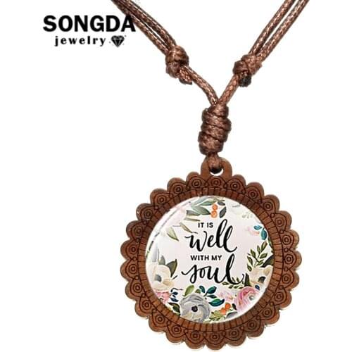 SONGDA It Is Well with My Soul Wooden Pendant Nacklace Wax Rope Chain Wisdom Bible Verse Scripture Quote Jewelry Christian Gift