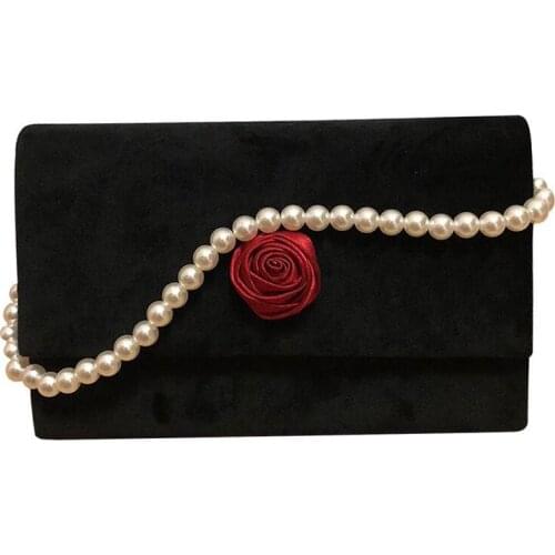 Elegant black bag Women Handbags vintage Rose shoulder bag Female crossbody bags velvet Clutch Evening bag Pearl chain purse