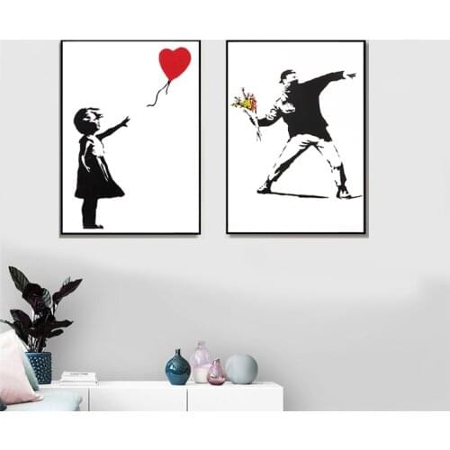 Bankos graffiti art canvas painting girl with red balloon painting black and white wall art poster living room home decoration