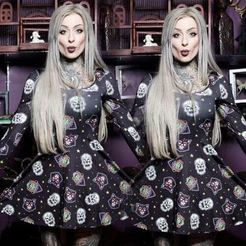 Halloween Scary Skull Ghost Printed Mini Dress For Adult Women Horror Party Carnival Purim Print demons Long Sleeve Short Dress