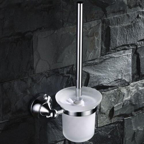 Chrome All brass Toilet brush holder with glass cup High-quality Bathroom hardware accessories--MS4743