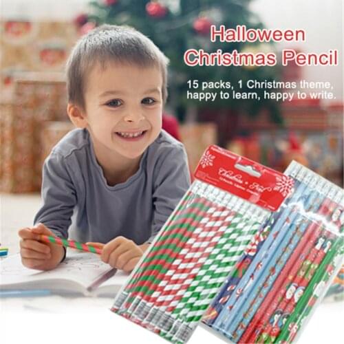 15pcs/bag Wood Pencil HB Cartoon Students Kids Pencil Stationery Halloween Christmas Gift For Writing Drawing Supplies