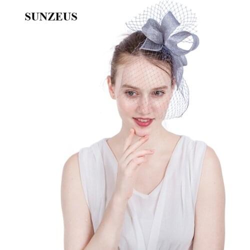 Linen Bow Bridal Hats with Face Veil Hair Pins Wedding Hair Accessories for Women Grey chapeau mariage vert SH82