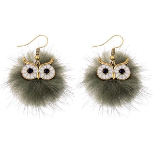 6 Colors Fashion Mink Fur Pompom Owl Drop Earrings For Ladies Girls Women Cute Pendant Brincos Winter Jewelry Accessories Gift