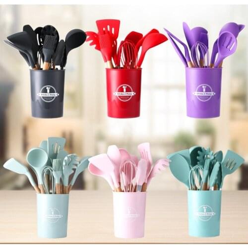 Silicone Cooking Utensils Set Non-Stick Spatula Shovel Wooden Handle Cooking Tools Set With Storage Box Accessories Kitchen Tool