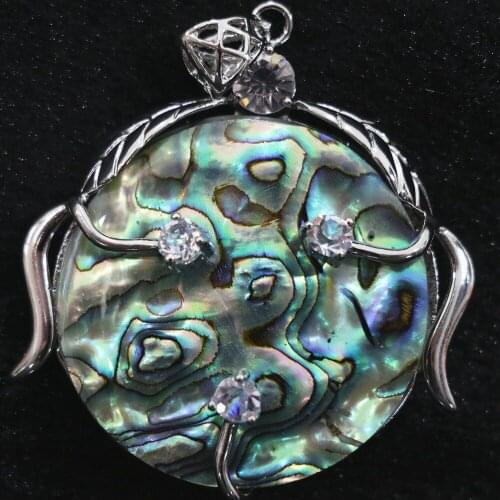 Natural fashion 42mm abalone paua shell flat round pendant crystal beads jewelry accessory B1108