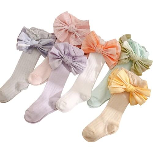 Baby Newborn Girls Solid Bow Knot Mesh Breathable Socks Anit Mosquito Summer Infant Toddler Knee High Soft Elastic Socks 0-36M