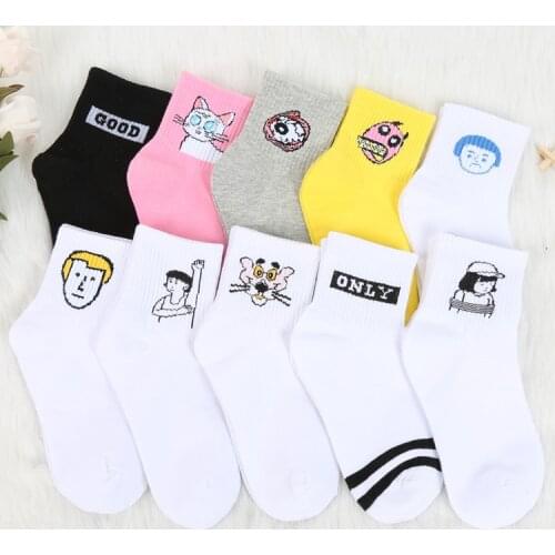 Cartoon Funny Womens Cotton Socks Wholesale Fashion Socks Woman Color White Grey Pink Socks Funny Girls Students Sox