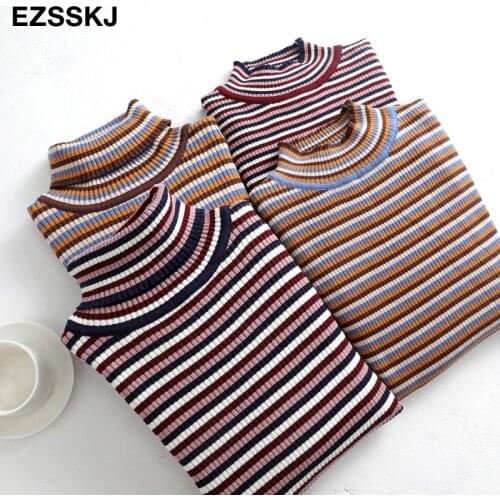 2020 Autumn winter stripe long sleeve Sweater Pullovers Women highneck female basic slim Sweater vest knit Jumpers top