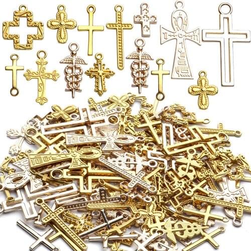 100Gram Golden Cross Charms Assorted Alloy Ankh Cross Crucifix Pendant Charm Accessories for DIY Handmade Jewelry Making Supplie