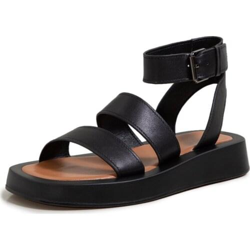 2021 Summer Women Genuine leather Sandals Flat platform Shoes Ankle Strap Casual Fashion Comfortable Gladiator Black White Shoes