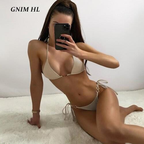 GNIM Sexy Triangle Solid Bikini Swimwear Women 2021 Summer Bandage Micro Swimsuit Female 2 Piece Backless Beachwear Biquini Set