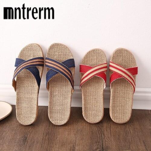 Mntrerm Seasons Men And Women Couples Cross straps Linen Slippers Indoor Household Non-Slip Thick-Soled Home Slippers For Family