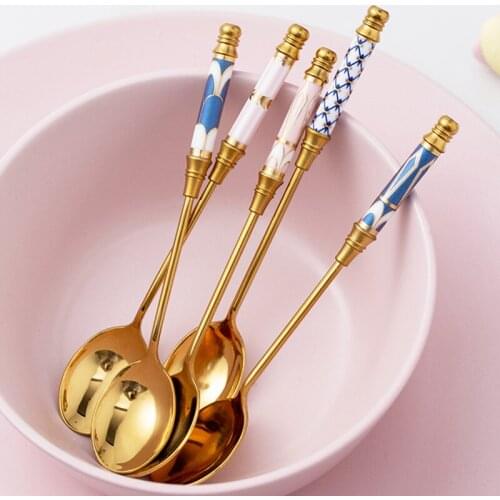 Stainless Steel Dinner Fork Ceramic Handle Dessert Tableware Korean Creative Spoon Cutlery Customizable Dinnerware 5pcs/set