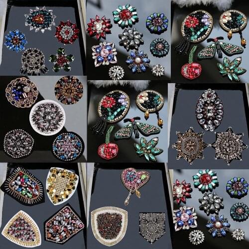 Rhinestone Beaded Floral Patches for Clothing Insect Cherry Leaf Tassels Oval Sew on Applique Decorative Shoulder Badge