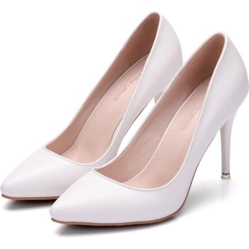 Women pumps PU Slip On 9.5CM Thin High Heels Pointed Toe waterproof Shallow shoes for women women shoes 2020 size 35-42 white