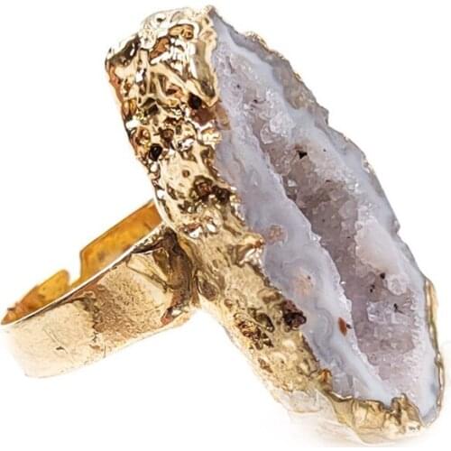 FYJS Unique Light Yellow Gold Color Irregular Shape Geode Agates Resizable Ring Ethnic Style Jewelry