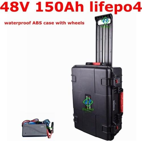 Waterproof 48V 150Ah Lifepo4 lithium battery BMS Wheeled trolley case for 7200W Scooter Tricycle Forklift UPS + 10A charger
