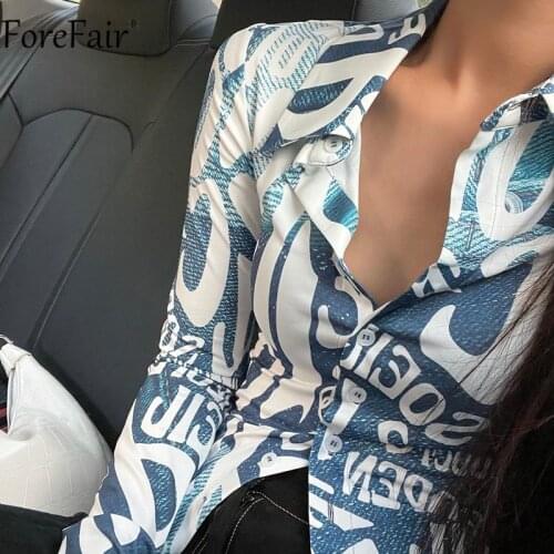 Forefair Blue Long Sleeve T Shirts V Neck Sexy Women Letter Print Y2k Autumn Summer Fashion Casual Crop Tops 2021