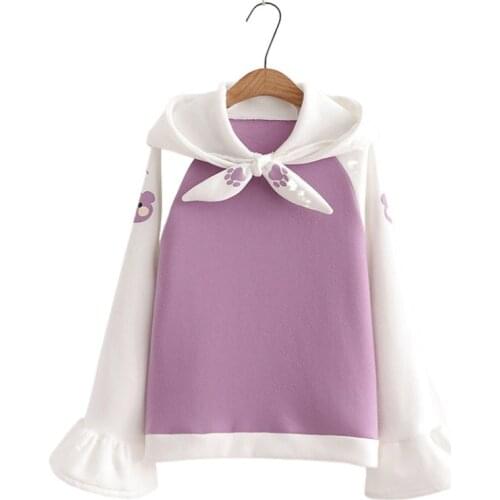 Women Hoodes Sweatshirts Petal Sleeve Tie Collar Hoodies 2020 Winter Plus Velvet Sweet Style Cartoon Print Pullover Tracksuits