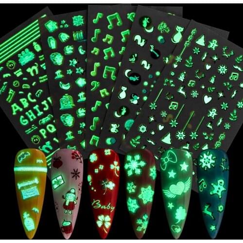 1 Sheet Christmas Snowflake 3D Nail Sticker Glow in Dark Flower Mixed Patterns Nail Foil Transfer Decals Nail Art DIY Decor