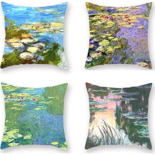 4pcs Water Lily Cushion Cover Monets Painting Peach Skin Pillowcase Sofa Artistic Pillow Covers Bedroom Living Room Home Decor