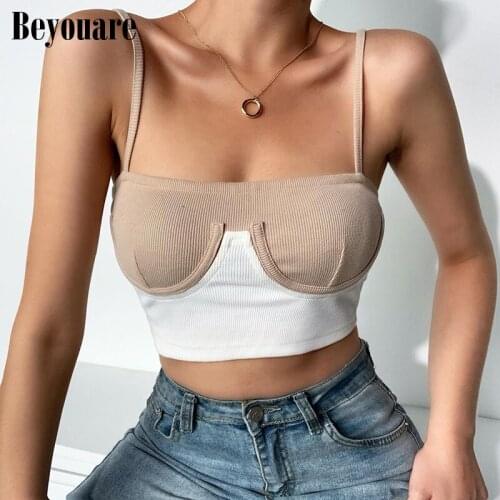 Beyouare rib knit bikini patchwork cami top women 2020 summer slash neck slim skinny backless crop top casual fashion strap tops