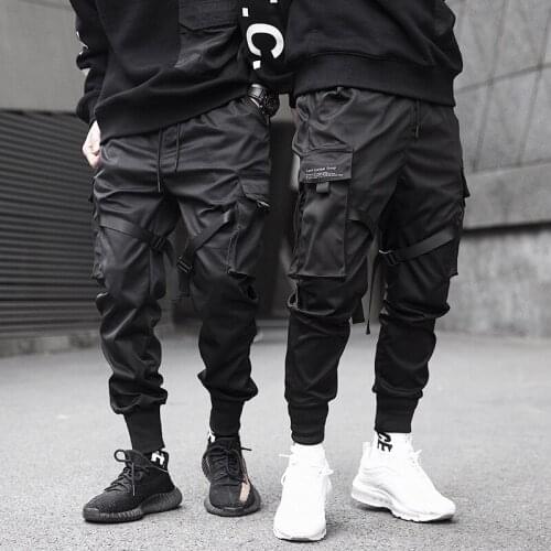 Men Black Pocket Cargo Pants Ribbons Block Slim Pencil Pants Harajuku Fashion Sweatpant Street Joggers Hip Hop Trousers