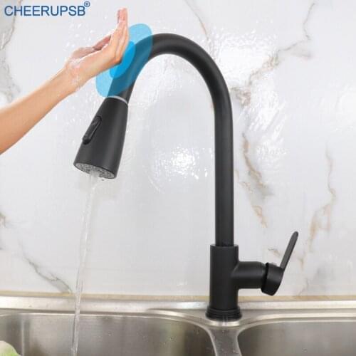 Black Kitchen Sink Touch Faucet Hot Cold Water Mixer Crane Single Hole Deck Mounted Smart Sensor Faucets Pull Down Brass Taps