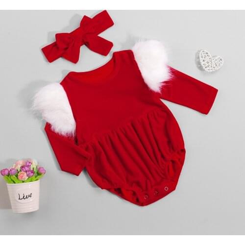 2Pcs Christmas Baby Girls Fall Winter Romper Outfits Faux Fur Ruffle Trim Long Sleeve Jumpsuit with Headband Set Toddler Costume