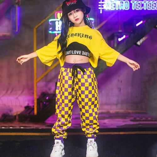 Fashion Jazz Dance Costumes Girls Loose Tops Plaid Pants Suit For ChildrenS Hip Hop Street Dance Stage Perform Outfits DWY2020