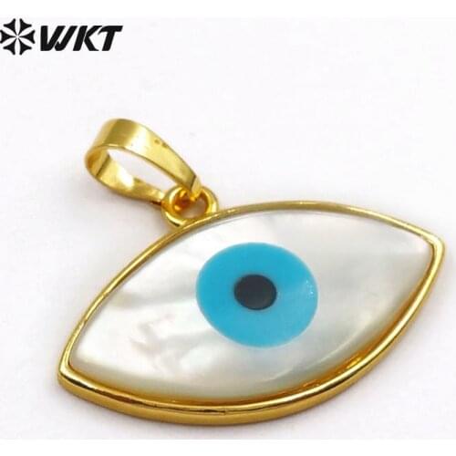 WT-P720 Tiny Leaf Shape Natural Sea Shell Pendant, Evil Eye Charm Pendant, 24k Gold Trim Pendant, Women Fashion Jewelry