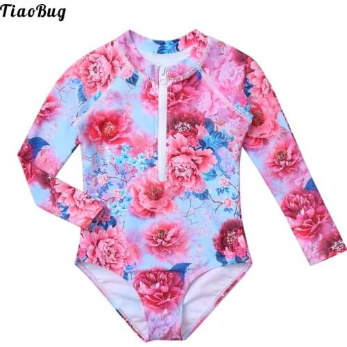 TiaoBug Summer Kids Girls One-Piece Round Neck Long Sleeve Flower Print Pattern Zipper Fron Closure Leotard Swimsuit Swimwear