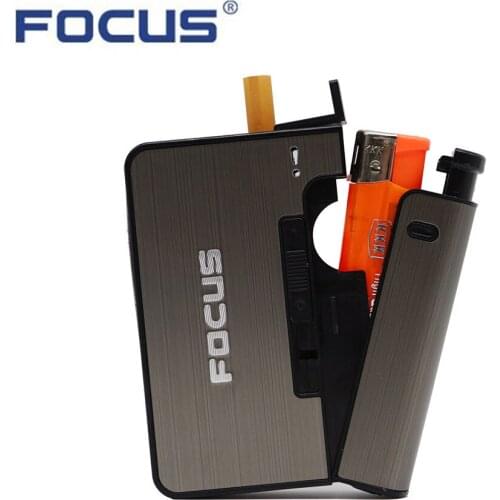 FOCUS Metal Cigarette Case Box with Lighter Hold 6pcs 80mm Cigarette Capacity Tobacco Storage Holder Container for Mens Gift