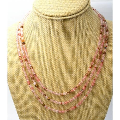 Fashion 3 rows 4mm faceted multicolor watermelon tourmaline bead necklace 17-19"