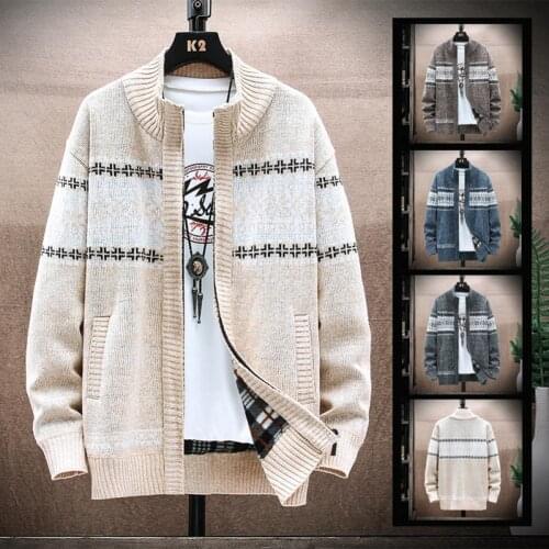 Men Knitwear Mens Autumn And Winter New Jersey Coat Street Fashion Casual Zipper Cardigan Catch Velvet Thick Warm Wool Sweater
