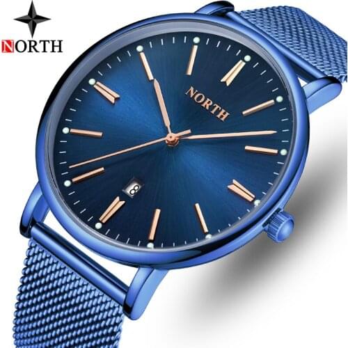 NORTH Luxury Brand Men Watches Stainless Steel Analog Quartz Watch Men Date Fashion Sport Waterproof Blue Wrist Watch Male Clock