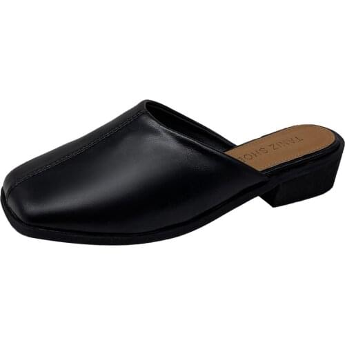 Square Cover Toe Shoes Fashion Mules Slippers Women Shoes Female Solid Leather Low Heels Ladies Shoes Woman Slipper Casual Shoes