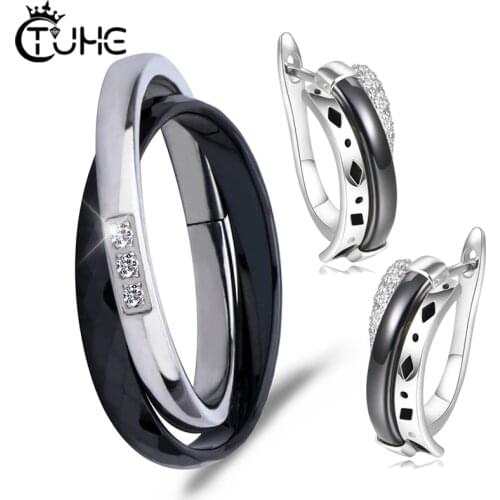 Two Cross Rings Stud Earrings Jewelry Sets Never Fade Ceramic Black Round Women Earrings+Ring Korean Rhinestone Jewelry Gift