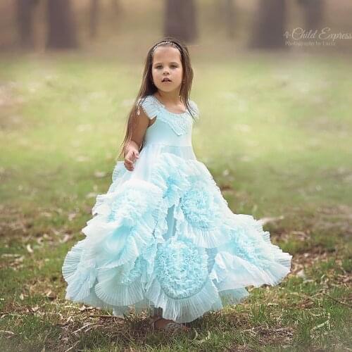 Sky Blue Boho Flower Girl Dresses Bohemian Style Lace Ruffles A Line Girls Birthday Party Gowns Jewel Neck First Communion Dress