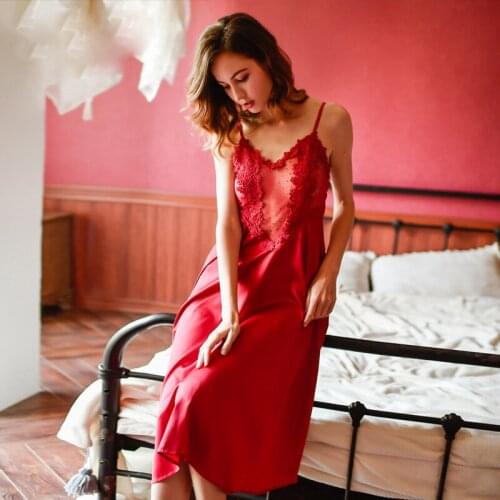 Sexy new red ice silk comfortable nightgown womans summer sling nightdress sleepwear