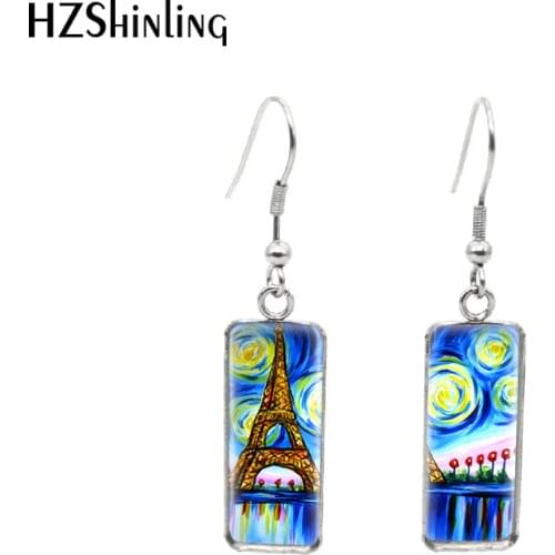 2019 New Paris Night Landscape Oi Painting Rectangular Earrings City Of Romance France Eiffel Tower Fish Hook Earring Jewelry