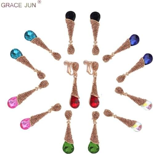 GRACE JUN New Clip on Earrings No Pierced for Women 12 Colors High-grade Tear Drop Shape Long Drop Screw Cuff Earrings Wholesale