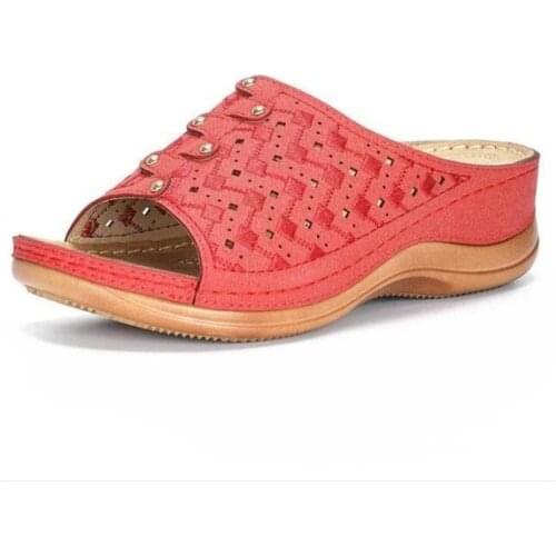 New outdoor Sandals Roman sandals PU Slip On 2.5CM Wedges High Heels Round Toe Shallow Back Strap Soft bottom Cutout Retro