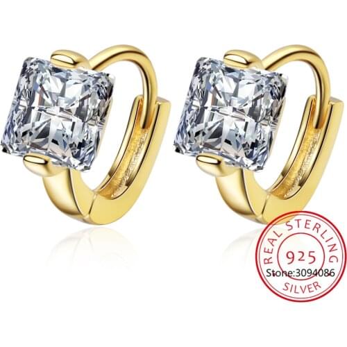 LEKANI Simple White Geometric Square Zircon Ear Buckle for Women Genuine 925 Sterling Silver Rock Men Hoop Earrings Jewelry