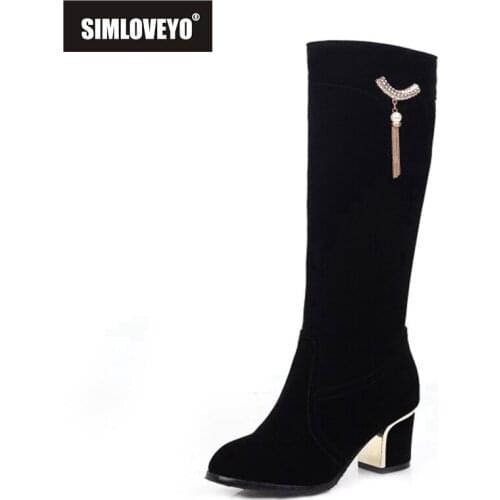SIMLOVEYO 2021 Ladies Knee High Boots Zip Flock Charm Pearl Tassel Short Plush 6CM Block Heel Shoes Size 32-43 Black Red A4472