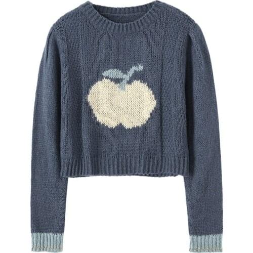 PERHAPS U Japanese Sweet Fruit Women Sweater Knitted Pullovers Long Sleeve O Neck Pink Blue Apple Winter Short Style M0154