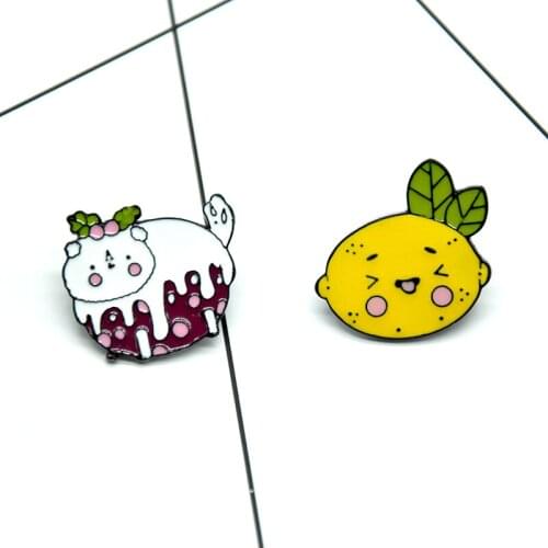 Cake Cat Enamel Pin Lemon Face Badge Brooch Denim Jeans shirt bag Fruit Jewelry Gift for Friends Kids